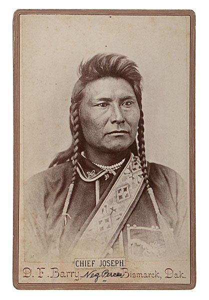 Chief Joseph Cabinet Card by D.F. Barry : Chief Joseph Cabinet Card by D.F. Barry Albumen cabinet photograph of the Nez Perce leader with printed Chief Joseph label attached and Nez Perces penned below image, plus D.F. Barry's Bismarck, Dak