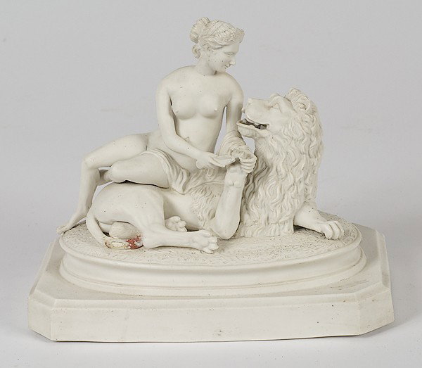 Parian Figurine of Una and the Lion : Parian Figurine of Una and the Lion Continental, a parian figurine of Una and the Lion, mounted on a parian plinth base, unmarked; ht. 8.5, lg. 10, dp. 6 in.