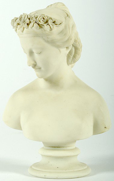 Parian Ware Figural Bust : Parian Ware Figural Bust Continental, a parian ware bust of woman with floral garland in hair; ht. 8 in.