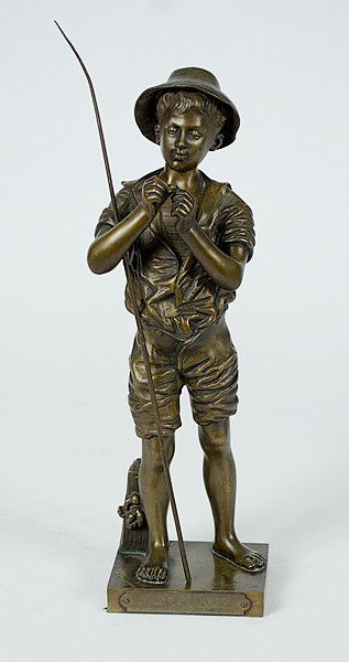 Bronze Fisher Boy by Adolphe Jean Lavergne : Bronze Fisher Boy by Adolphe Jean Lavergne Adolphe Jean Lavergne (French, 1863-1928), titled Pecheur Par Lavergne on plaque, signed on base; ht. 14.5 in. (without base).