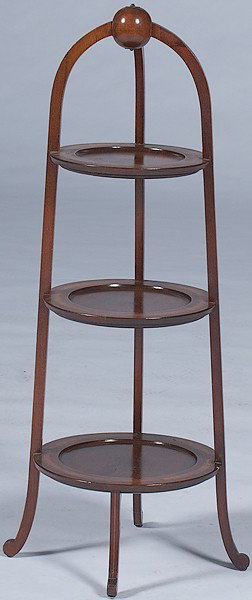 Cake Stand : Cake Stand American, a Georgian-style cake stand in inlaid mahogany with three graduated tiers and topped with an orb finial, with label Flint's Fine Furniture / New York; ht. 35 in.