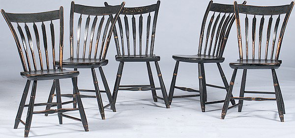 Arrowback Windsor Chairs : Arrowback Windsor Chairs American, five arrowback Windsor chairs in mixed hardwoods with black paint, having a stenciled crestrail, five spindles, and rabbit ear posts over turned legs connected by 