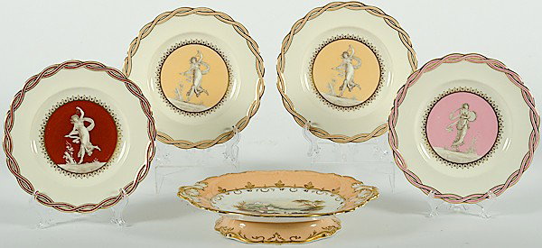 Minton Dessert Plates, Plus : Minton Dessert Plates, Plus English, four Minton dessert plates with rope twist borders and central figure of a muse with musical instrument, marked Minton / England and retailed by Glass & Queenswa