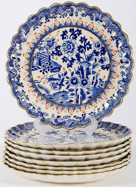 Copeland Spode Luncheon Plates : Copeland Spode Luncheon Plates English, a set of eight luncheon plates, in a stylized design in the Chinese taste, with fluted gilt edges, and impressed Copeland arched over an impressed "B" mark; d