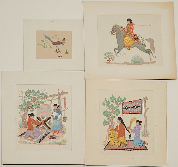 Navajo Harrison Begay Silkscreens : Navajo Harrison Begay Silkscreens group of 4; includes two weaving scenes, 13 x 11.5 in.; one woman rider, 13 x 11 in.; and a roadrunner, 6.5 x 8 in. ca 1970