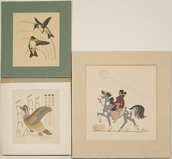 Navajo Gerald Nailor Silkscreens : Navajo Gerald Nailor Silkscreens lot of 3, includes one of a pheasant, 14 x 11.5 in.; PLUS another silkscreen of hummingbirds, 13.5 x 11 in.; AND one of a woman on horseback, 21 x 17.5 in. ca 1970