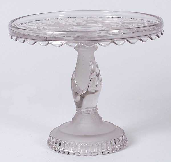 EAPG Pedestal Glass Cake Stand : EAPG Pedestal Glass Cake Stand American, EAPG etched glass cake stand, having a frosted stem with clear hand; ht. 8.5, dia. 10 in.