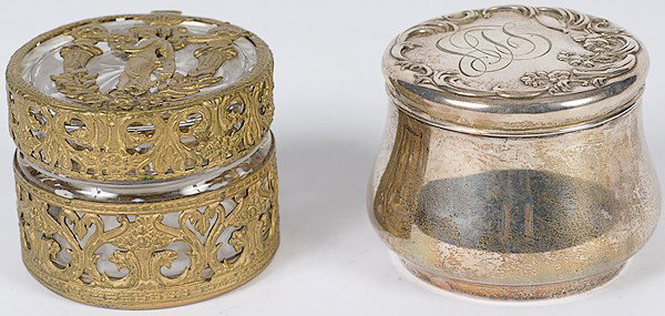 Dresser Boxes : Dresser Boxes Continental, two round dresser boxes including one silver box with the lid marked sterling and one glass box with a gilt metal overlay; ht. 2.5 in.