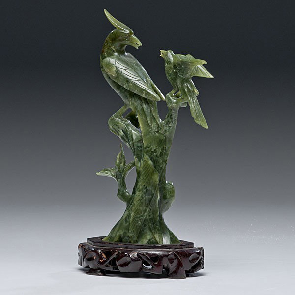 Chinese Bird Carving : Chinese Bird Carving Chinese, an aventurine carving depicting two phoenix on a branch, unmarked, with 20th century wooden stand; ht. 10 in.