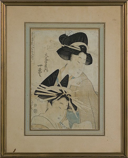Japanese Edo Print of Geishas : Japanese Edo Print of Geishas Japanese, 19th century, an Edo-period print of two geishas on paper by Kitagawa Utamaro (1753-1806), titled Daimonjiya Courtesans; 13.25 x 9 in.