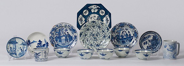 Asian Blue and White Wares : Asian Blue and White Wares Chinese and Japanese, an assembled group of fourteen blue and white tablewares including six handleless cups, one mug, two shallow bowls, two plates, and three saucers, al
