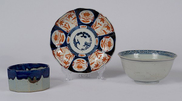 Japanese Tablewares : Japanese Tablewares Japanese, an assembled group of three tablewares including a blue and white bowl with a floral splash on interior and incised floral motifs along exterior, with blue underglaze m