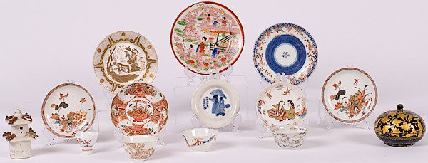Asian Tablewares, Plus : Asian Tablewares, Plus Chinese and Japanese, an assembled group of tablewares including five saucers of varied sizes, one small plate marked Japan, one shallow bowl, two teabowls, one egg cup holder