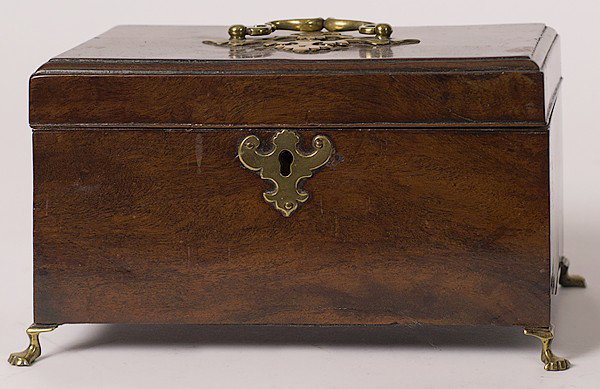 English Tea Caddy : English Tea Caddy English, a mahogany tea caddy with brass handle, escutcheon and paw feet; ht. 5.5, wd. 9.25, dp. 5.5 in.