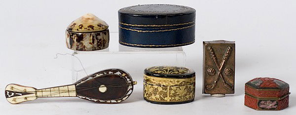Continental Boxes, Plus : Continental Boxes, Plus Continental, an assembled group of four boxes, one marked Hand Made in Kashmir India, PLUS a tortoise shell mandolin and a candy mold with golf clubs; largest lg. 5.75 in.
