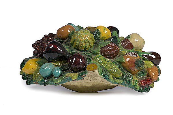 Italian Faience Basket of Fruit, Plus : Italian Faience Basket of Fruit, Plus Italian, 20th century, decorated with pomegranates, figs, grapes, ears, and eggplants; ht. 6, wd. 9.5, dp. 14 in.