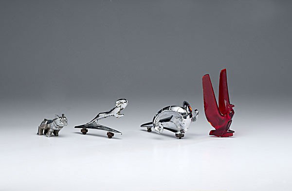 Dodge Ram Hood Ornaments, Plus : Dodge Ram Hood Ornaments, Plus American, ca 1930-1960, an assembled group of hood ornaments including two Dodge Ram hood ornaments, one marked 585985 / 3490A, a Mack Truck bulldog, and a custom Ford