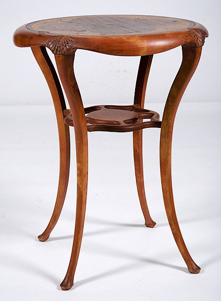 Art Nouveau Inlaid Stand : Art Nouveau Inlaid Stand 20th century, an art nouveau style stand with circular inlaid top; ht. 30, dia. 23 in.