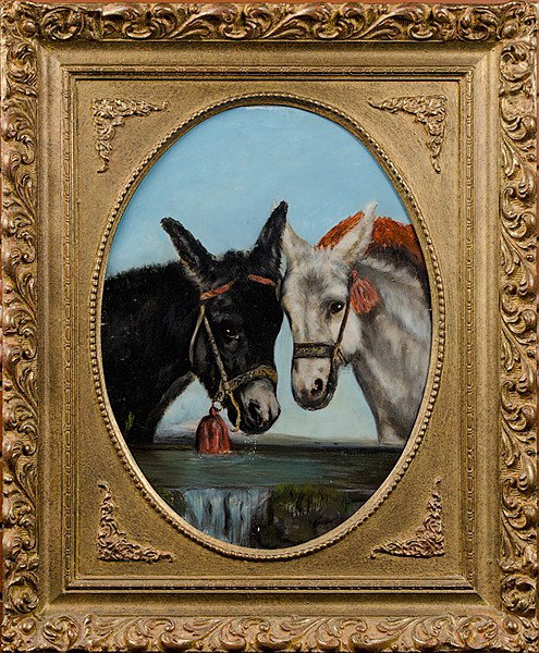 Continental Portrait of Donkeys, Oil on Canvas : Continental Portrait of Donkeys, Oil on Canvas Continental, titled Neapolitan Donkeys on verso, signed G.H.L. and dated 1870 on verso; 15.25 x 11.5 in.