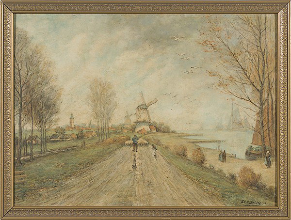 Dutch Landscape by Edward Seddig, Oil on Board : Dutch Landscape by Edward Seddig, Oil on Board Edward Seddig (American, 20th century), signed and dated 1958 l.r.; 18 x 25 in.