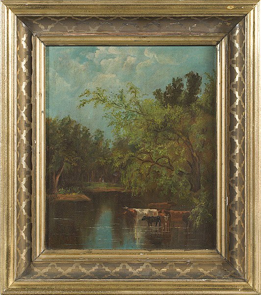 Landscape with Cows, Oil on Burlap : Landscape with Cows, Oil on Burlap American, 20th century, unsigned; 13.25 x 11.25 in.