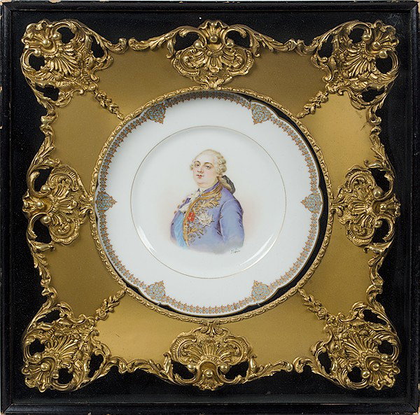 Sevres Portrait Plate : Sevres Portrait Plate French, ca 1846, a porcelain plate of a member of French Royalty, artist signed Debrie, framed in an elaborate gold gilt frame and shadow boxed under glass; ht. 17, wd. 16.5 in