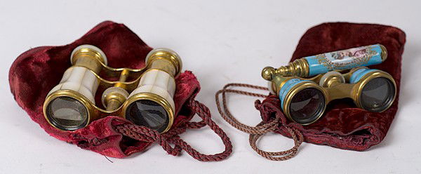 Opera Glasses : Opera Glasses Continental, two pairs of opera glasses including one with Sevres-style enameled portraits, brass marked Made in France and shell eye piece marked F.F. Bonnet / Columbus O and the othe