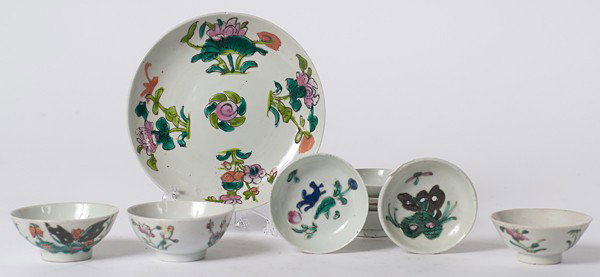 Chinese Tablewares : Chinese Tablewares Chinese, an assembled group of porcelain tablewares including a small plate, three tea bowls, and five small dishes, each having overglaze decoration depicting flowers or butterfl