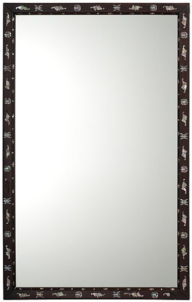 Chinese Export Inlaid Mirror : Chinese Export Inlaid Mirror Chinese. A mirror with inlaid mother-of-pearl around the frame featuring bats and shou emblems; ht. 37 in. (94 cm), wd. 23.5 in. (59.7 cm). Provenance: Private Collect