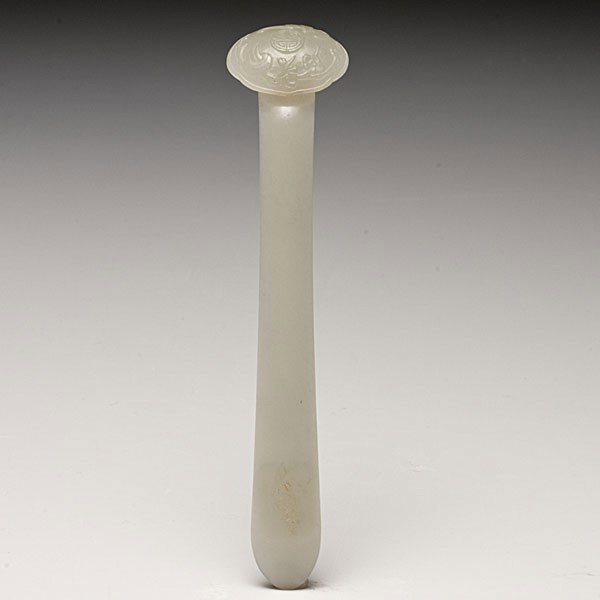 White Jade Ruyi-Shaped Chinese Hairpin : White Jade Ruyi-Shaped Chinese Hairpin Chinese. A carved white jade hairpin in the shape of a ruyi, with fine carving at the head including a mushroom, bat, and flower; lg. 5.5 in. (14 cm). Proven