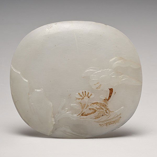 Highly Translucent Chinese White Jade Plaque : Highly Translucent Chinese White Jade Plaque Chinese. A thinly carved white jade plaque with mountain and a single flower carved in relief; ht. 2.75 in. (7.75 cm). Provenance: Private Collection,
