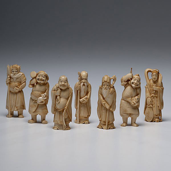 Ivory Carved Seven Lucky Gods : Ivory Carved Seven Lucky Gods Japanese, early 20th century. A group of seven carved ivory figures representing the three Chinese, two Japanese, and two Indian deities, popularized in Japan as the "L