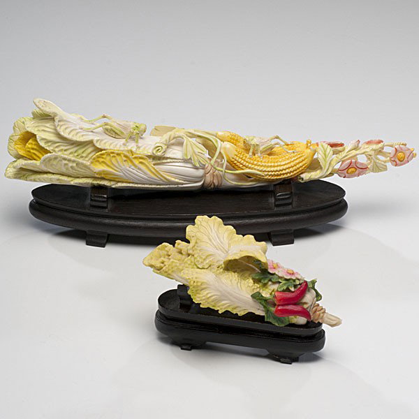 Chinese Polychrome Ivory and Bone Cabbages : Chinese Polychrome Ivory Cabbages Chinese. Two carved and polychrome-painted ivory tusks, both depicting cabbage, one with grasshoppers. Each on 20th century wooden stands; largest lg. 13 in. (33 cm