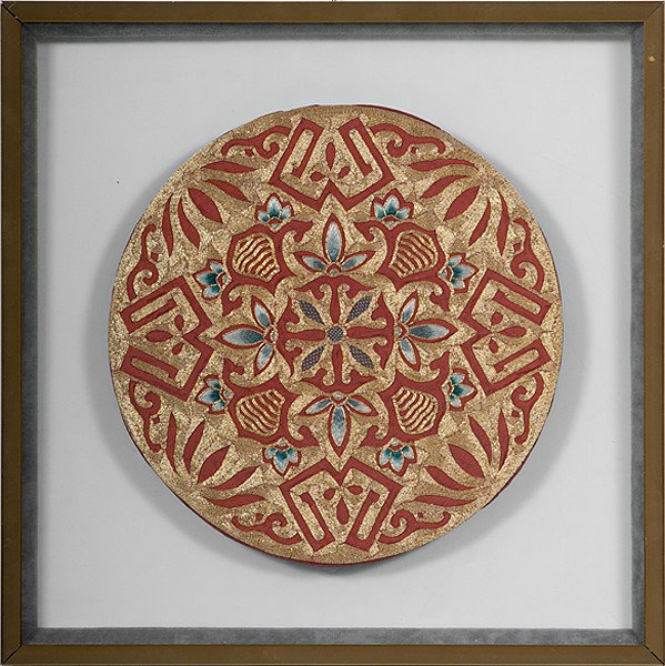Chinese Textile Badge : Chinese Textile Badge Chinese, 19th century. A finely stitched circular badge in couched gold thread and silk satin stitching on a red silk ground; framed between two pieces of glass. Dia. 11 in. (2