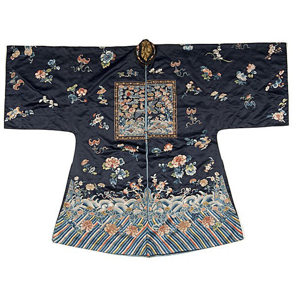 Chinese Embroidered Robe : Chinese Embroidered Robe Chinese. A man's robe with silk lining having a central embroidered panel depicting a crane amidst bats and wispy clouds over raging waters tossed with precious objects, sur