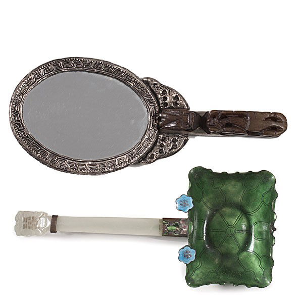 Chinese Ladle and Mirror : Chinese Ladle and Mirror 20th century, a jade-handled ladle with enameled bowl in form of lily pad, with a tiny frog at bowl's edge, marked China and a silvered metal mirror with hardstone Chinese b