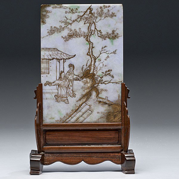 Jade Scholar's Screen : Jade Scholar's Screen Chinese, 18th century, a jade scholar's screen, the rectangular jade plaque with mottled pale green, white and faint lavender hues, both sides with gilt decorated scenes with f