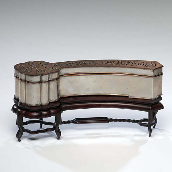 Chinese Jui-Scepter Incense Clock: Chinese Jui-Scepter Incense Clock Chinese, ca 1880s, a signed Moon Lake design jui-scepter incense paktong and copper timepiece, having pierced designs on top depicting auspicious and long life symb