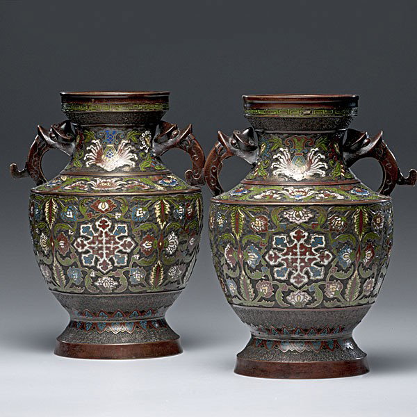 Champleve Over Bronze Vases : Champleve Over Bronze Vases Chinese, a pair of baluster-form champleve over bronze vases, each having two stylized handles, the mouths with a keyfret border over three bands of champleve depicting l