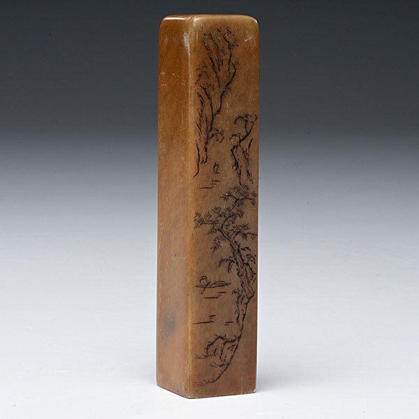 Soapstone Seal : Soapstone Seal Chinese, a carved and inked soapstone seal, one side with a landscape scene and two sides with calligraphic text; lg. 4.75 in. (12.1 cm)