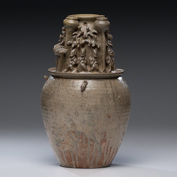 Chinese Hunping Funerary Urn : Chinese Hunping Funerary Urn Chinese, Jin Dynasty-style, a hunping funerary urn or soul vase, having modeled figures, birds, and architecture in a tiered arrangement, with four holes around the shou