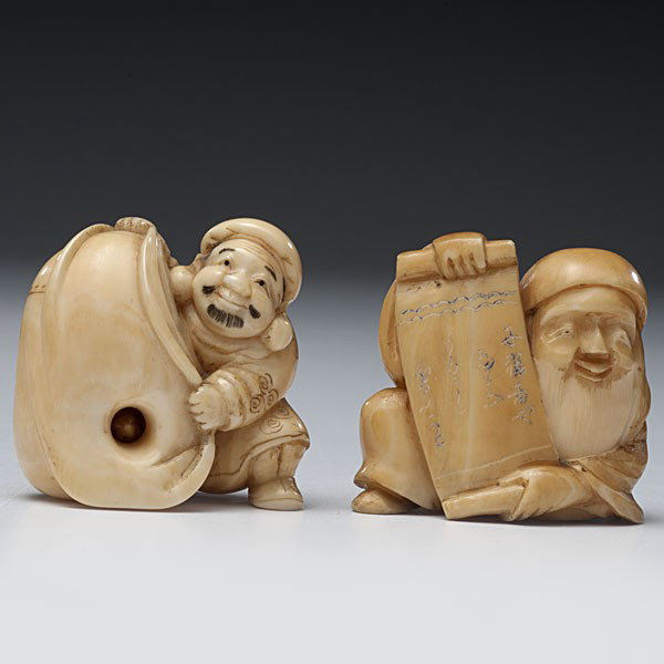 Ivory Netsukes : Ivory Netsukes Japanese, two carved ivory netsukes each featuring a figure, unmarked; tallest ht. 1.25 in. (3.2 cm)