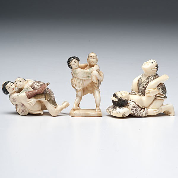 Japanese Erotic Netsukes : Japanese Erotic Netsukes Japanese, a group of four carved and polychrome ivory netsukes, each of a couple engaging in various copulating positions, all signed; ht. 1.5 in. (3.8 cm)