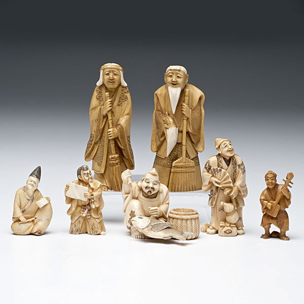 Japanese Ivory Figures : Japanese Ivory Figures Japanese, includes six carved and inked ivory figures and one plastic figure, all but one marked on base; tallest ht. 4 in. (10.2 cm)