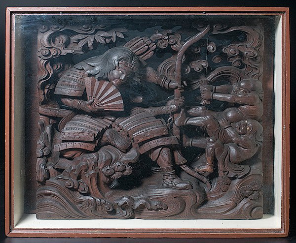 Large Japanese Relief Carved Samurai Scene : Large Japanese Relief Carved Samurai Scene Japanese, possibly 19th century, a pierced and relief-carved wooden wall plaque of a samurai scene and housed in a shadow box frame; 25 x 30 in. (63.5 x 76