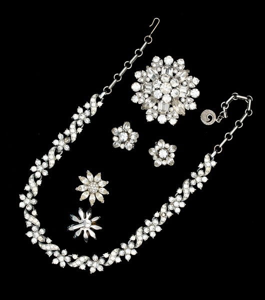 Napier, Eisenberg, Coro and Lisner Costume Jewelry: A pair of Napier earrings, a brooch by Eisenberg, two Coro brooches (matching), a Lisner grouping; all signed pieces are stamped.