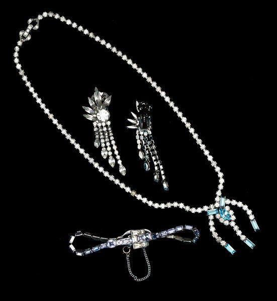 Mazer Bros, Weiss & Weisner Costume Jewelry Collect: A Mazer Bros. "belt" style bracelet, a pair of Weiss ear clips and a Weisner necklace; all signed pieces are stamped.