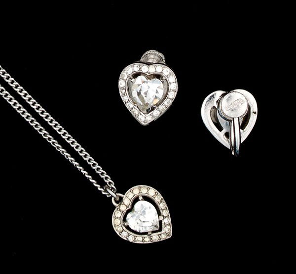 Trifari Matching Costume Jewelry Collection : A pair of Trifari ear clips and necklace with pendant; all signed pieces are stamped.