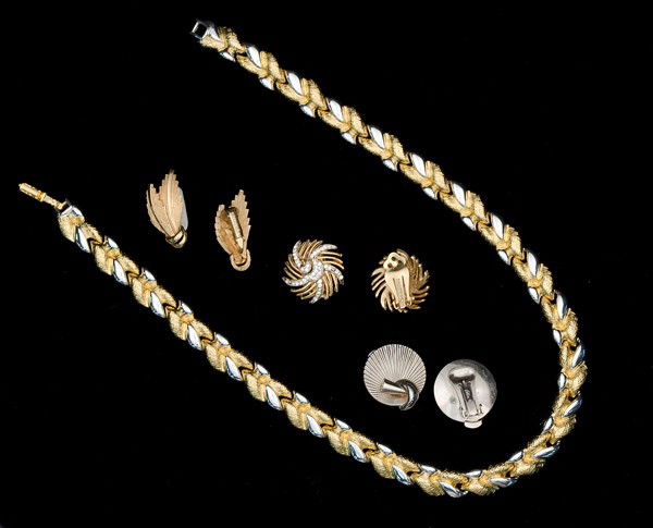 Kramer, Alice& Napier Costume Jewelry Collection : Two pair of Kramer ear clips, a pair of Alice ear clips and a Napier two toned necklace; all signed pieces are stamped.