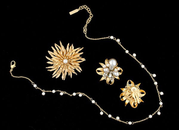 Napier, S.A & Robert Costume Jewelry Collection : An A S.A. brooch with faux pearls, a pair of Robert statement ear clips with faux pearls and a Napier necklace with multiple faux pearls; all signed pieces are stamped.